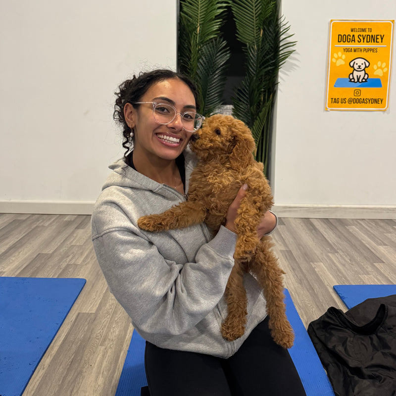 A woman smiling as a red cavoodle puppy nuzzles her cheek