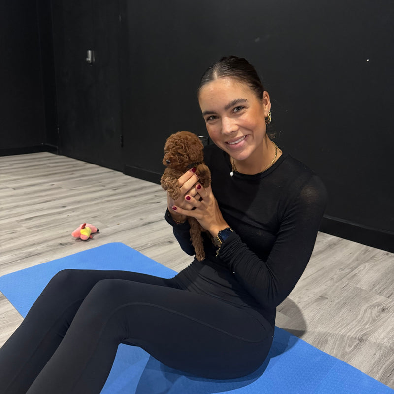 A woman holding a small red cavoodle puppy up to the camera