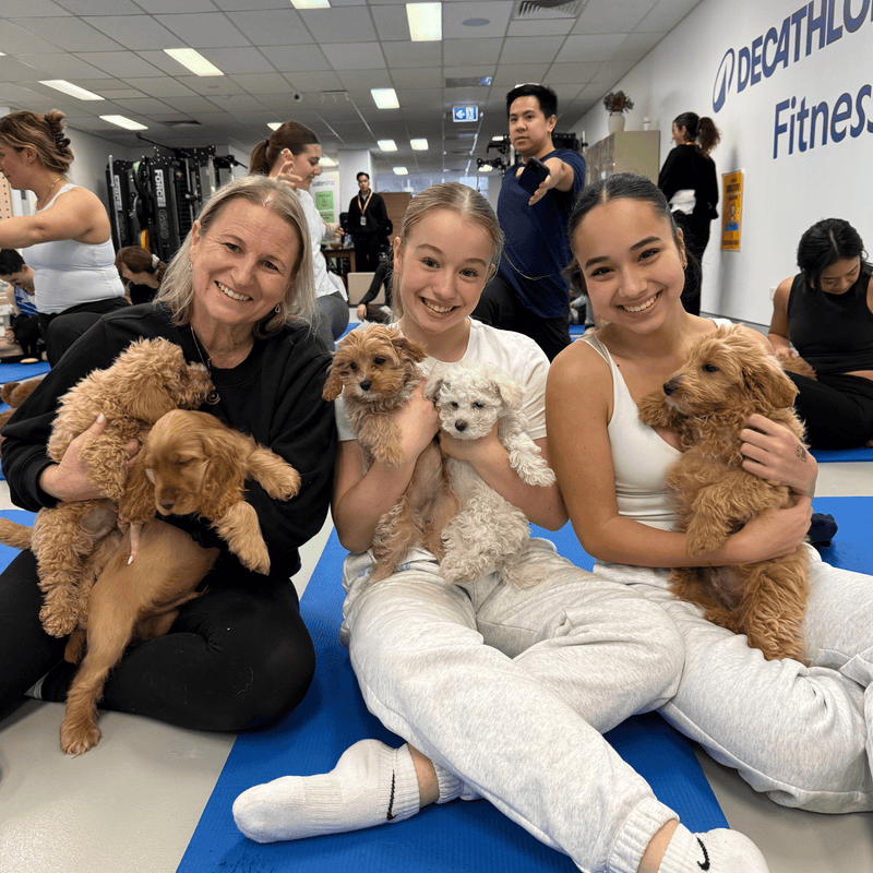 Three friends on yoga mats holding five puppies between them