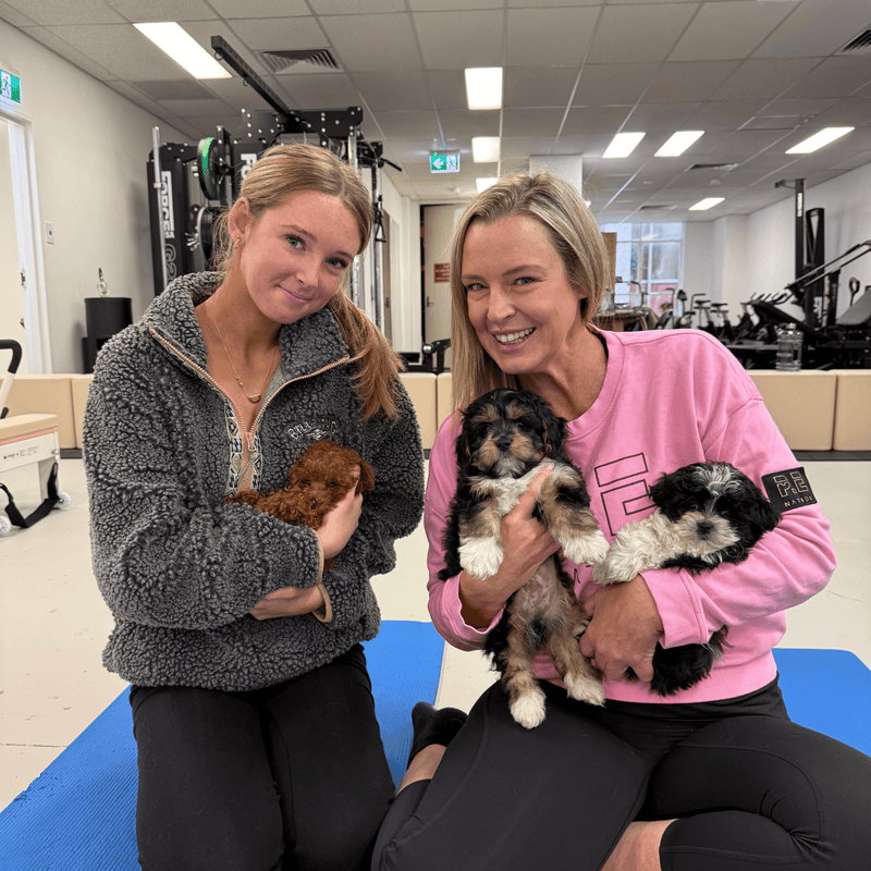 Two women on yoga mats holding three small puppies